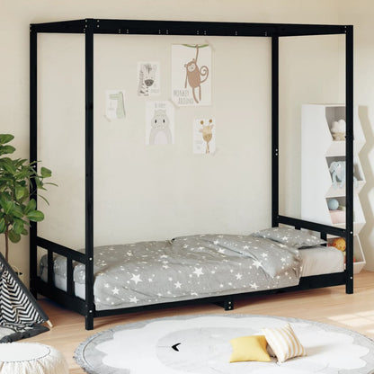 Black Solid Wood Pine Kids Bed Frame 90x200 cm