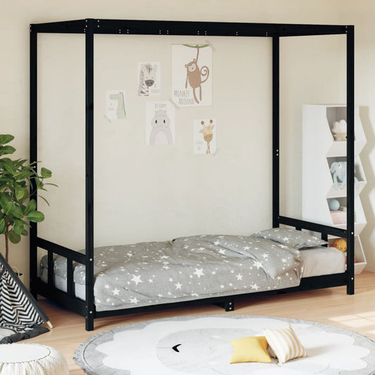 Black Solid Wood Pine Kids Bed Frame 90x200 cm