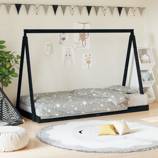 Solid Pine Kids Bed Frame - Black, 90x190 cm