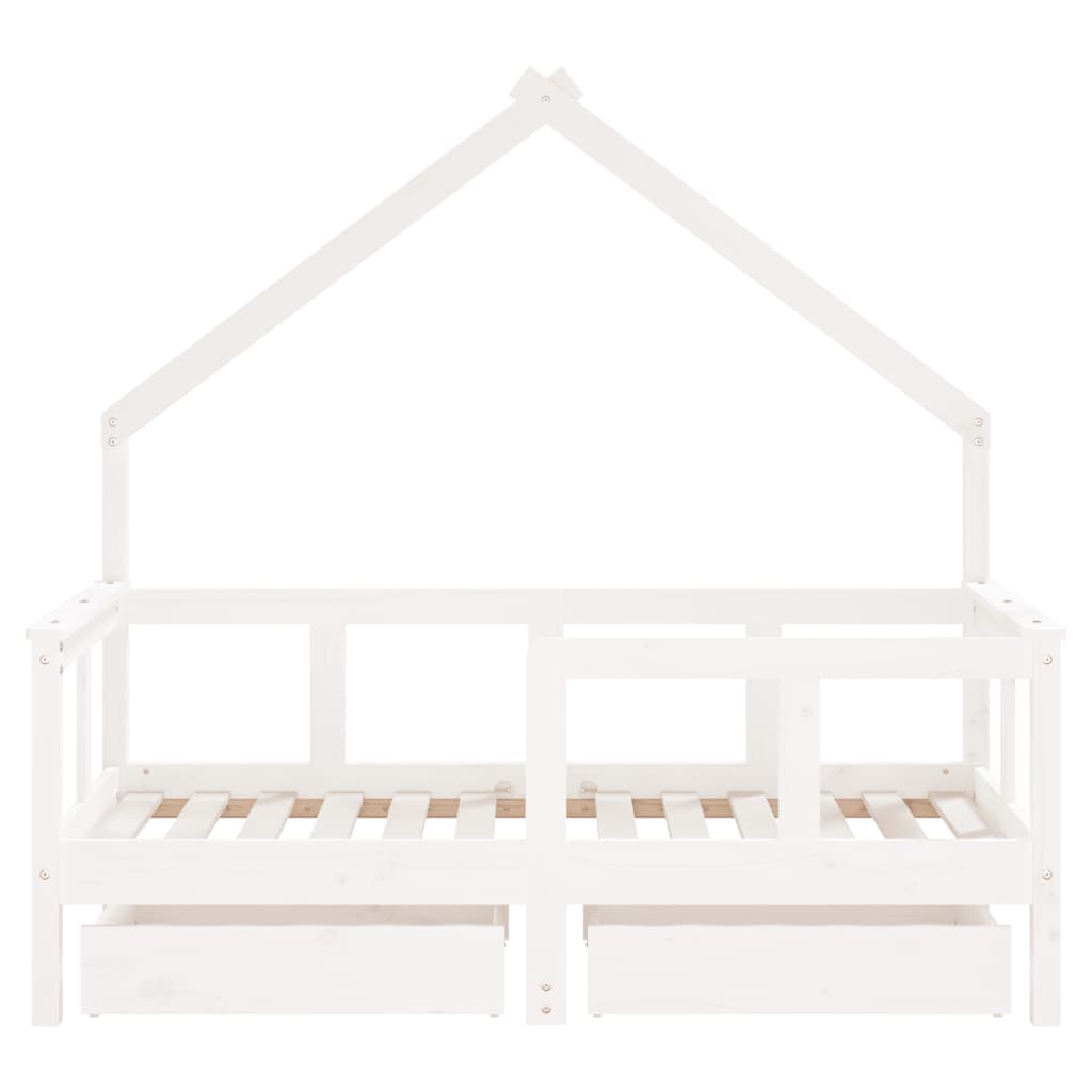 White Solid Pine Kids Bed Frame with Drawers 70x140 cm