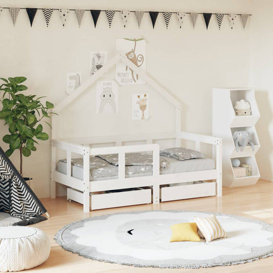 White Solid Pine Kids Bed Frame with Drawers 70x140 cm