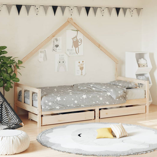 Solid Pine Kids Bed Frame with Storage Drawers 90x190 cm