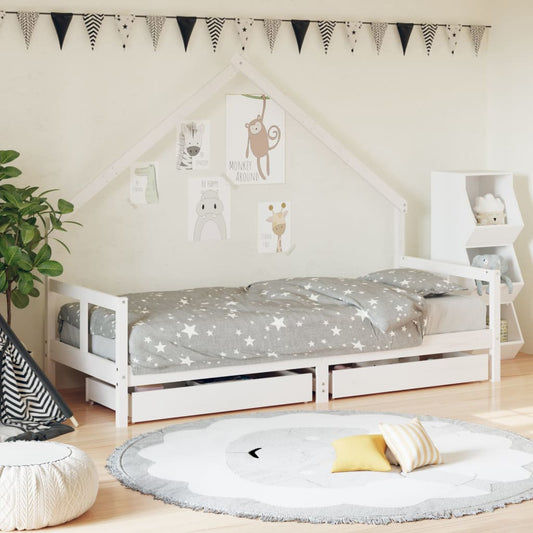 White Solid Pine Kids Bed Frame with Drawers 80x200 cm