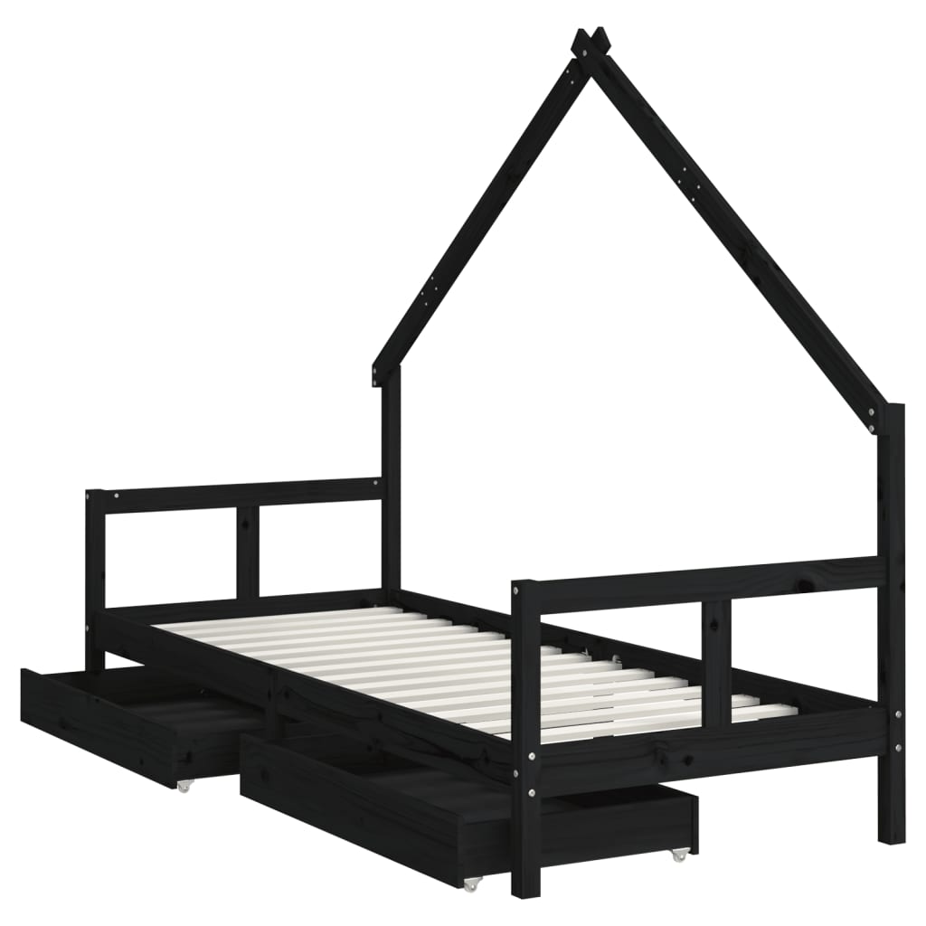 Solid Pine Kids Bed Frame with Drawers, Black 80x200 cm