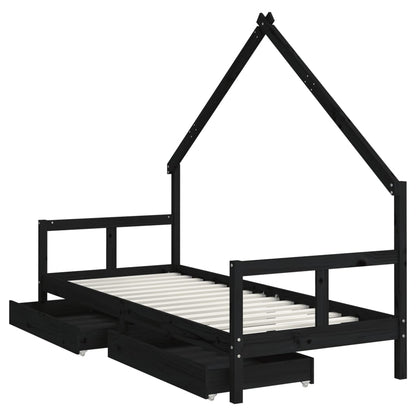 Solid Pine Kids Bed Frame with Drawers, Black 80x200 cm