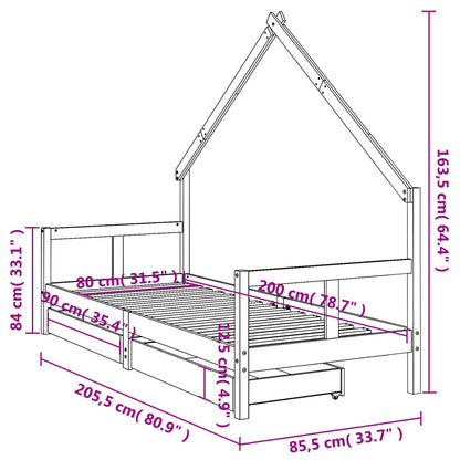 Solid Pine Kids Bed Frame with Drawers, Black 80x200 cm