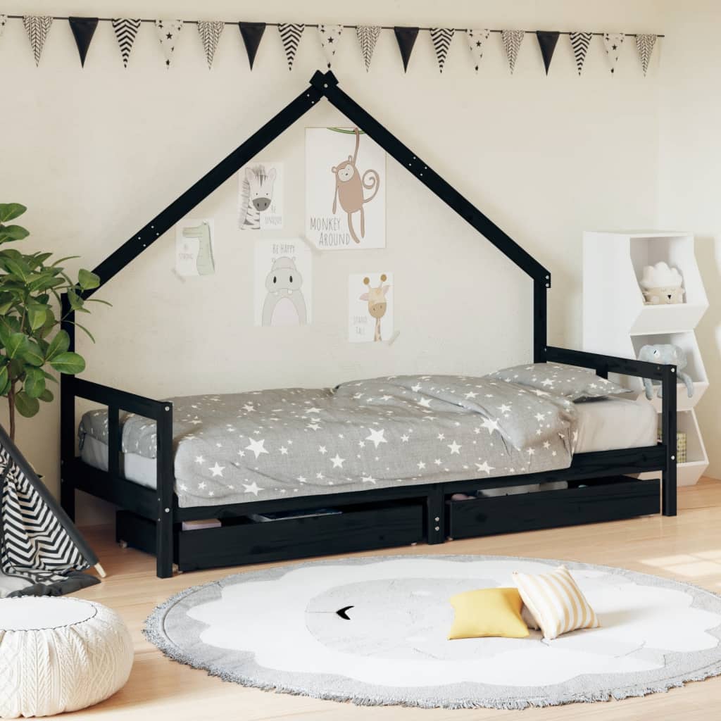 Solid Pine Kids Bed Frame with Drawers, Black 80x200 cm
