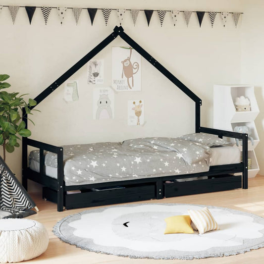 Solid Pine Kids Bed Frame with Drawers, Black 80x200 cm