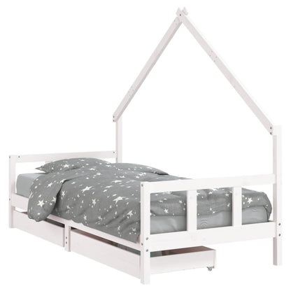 White Solid Pine Kids Bed Frame with Drawers - 90x200 cm