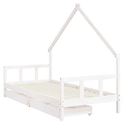 White Solid Pine Kids Bed Frame with Drawers - 90x200 cm