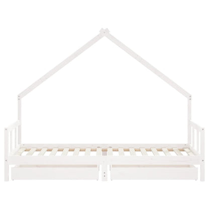 White Solid Pine Kids Bed Frame with Drawers - 90x200 cm