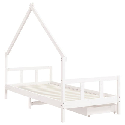 White Solid Pine Kids Bed Frame with Drawers - 90x200 cm