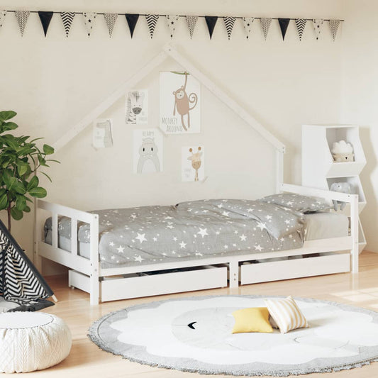 White Solid Pine Kids Bed Frame with Drawers - 90x200 cm