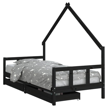 Solid Pine Kids Bed Frame Black 90x200 cm with Drawers