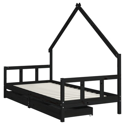 Solid Pine Kids Bed Frame Black 90x200 cm with Drawers