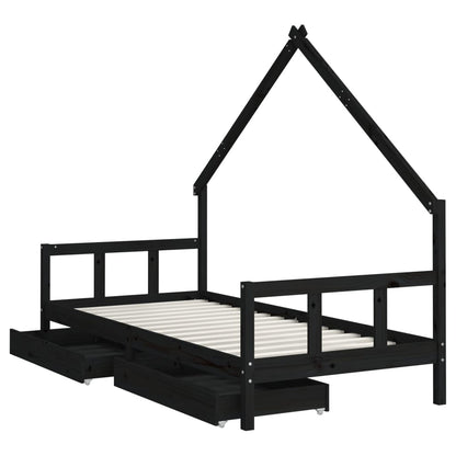 Solid Pine Kids Bed Frame Black 90x200 cm with Drawers