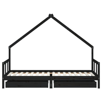 Solid Pine Kids Bed Frame Black 90x200 cm with Drawers