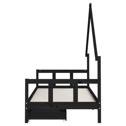 Solid Pine Kids Bed Frame Black 90x200 cm with Drawers