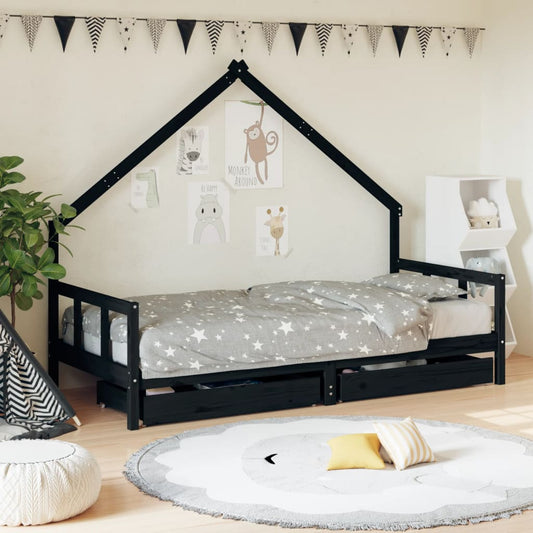 Solid Pine Kids Bed Frame Black 90x200 cm with Drawers