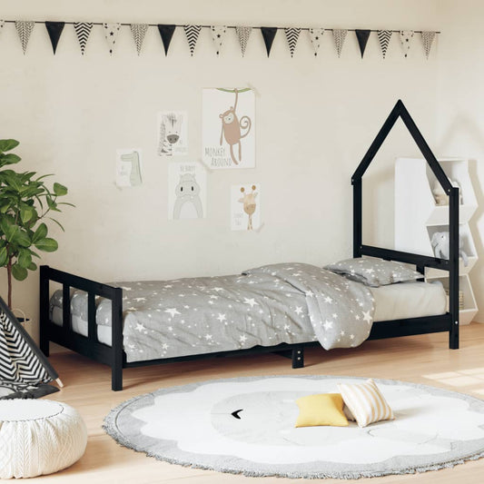 Solid Wood Pine Kids Bed Frame - Black 90x190 cm