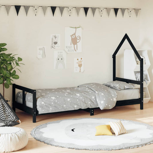Kids Bed Frame 80x200 cm, Black Solid Pine Wood