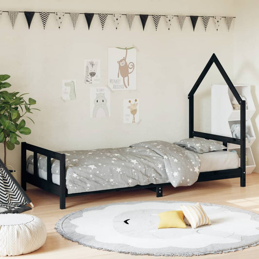 Solid Pine Kids Bed Frame, Black, 90x200 cm
