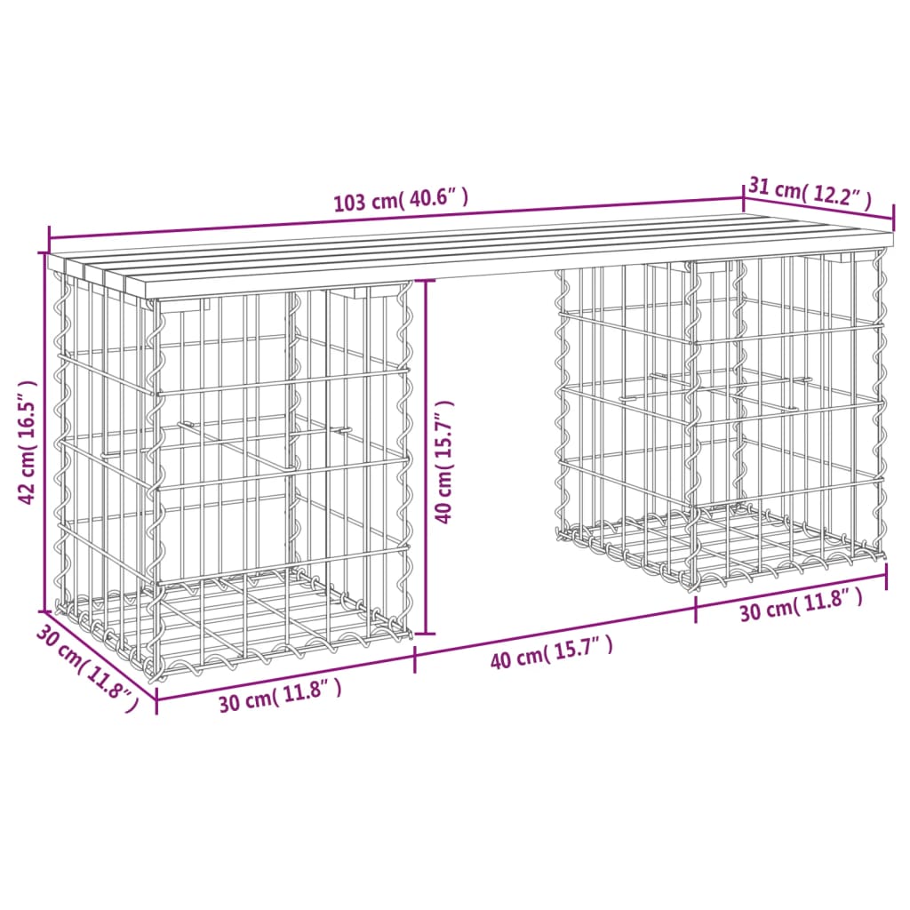 Solid Wood Pine Garden Bench Gabion, 103x31x42 cm