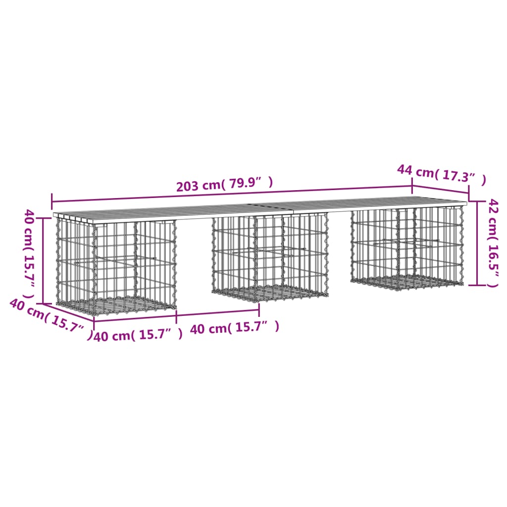 Gabion Garden Bench 203x44x42 cm | Impregnated Pine Wood Design