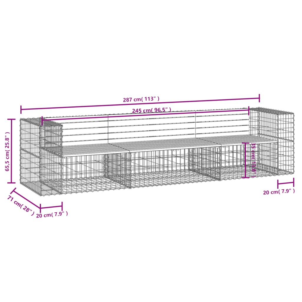 Solid Pine Wood Garden Bench Gabion 287x71x65.5 cm Design