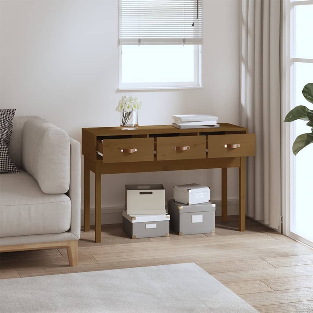 Solid Pine Wood Console Table in Honey Brown, 114x40x75 cm