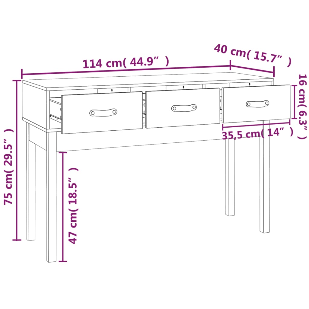 Solid Pine Wood Console Table in Honey Brown, 114x40x75 cm