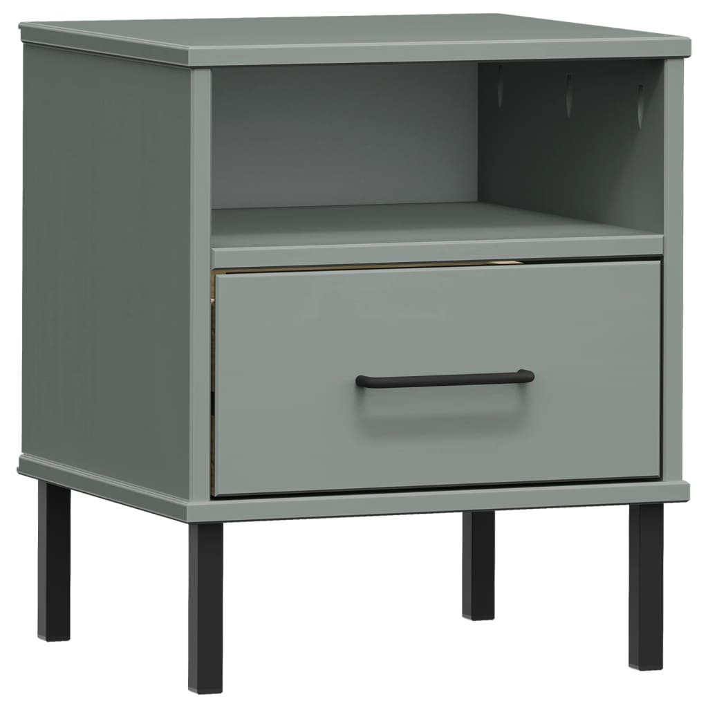 Grey Solid Wood Pine Bedside Cabinet with Metal Legs - OSLO