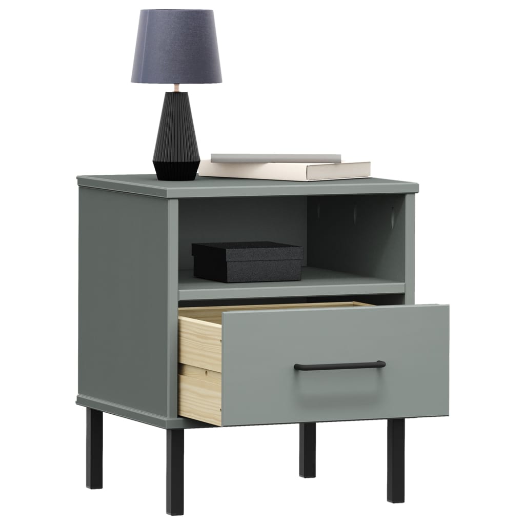 Grey Solid Wood Pine Bedside Cabinet with Metal Legs - OSLO