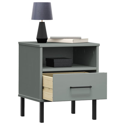 Grey Solid Wood Pine Bedside Cabinet with Metal Legs - OSLO