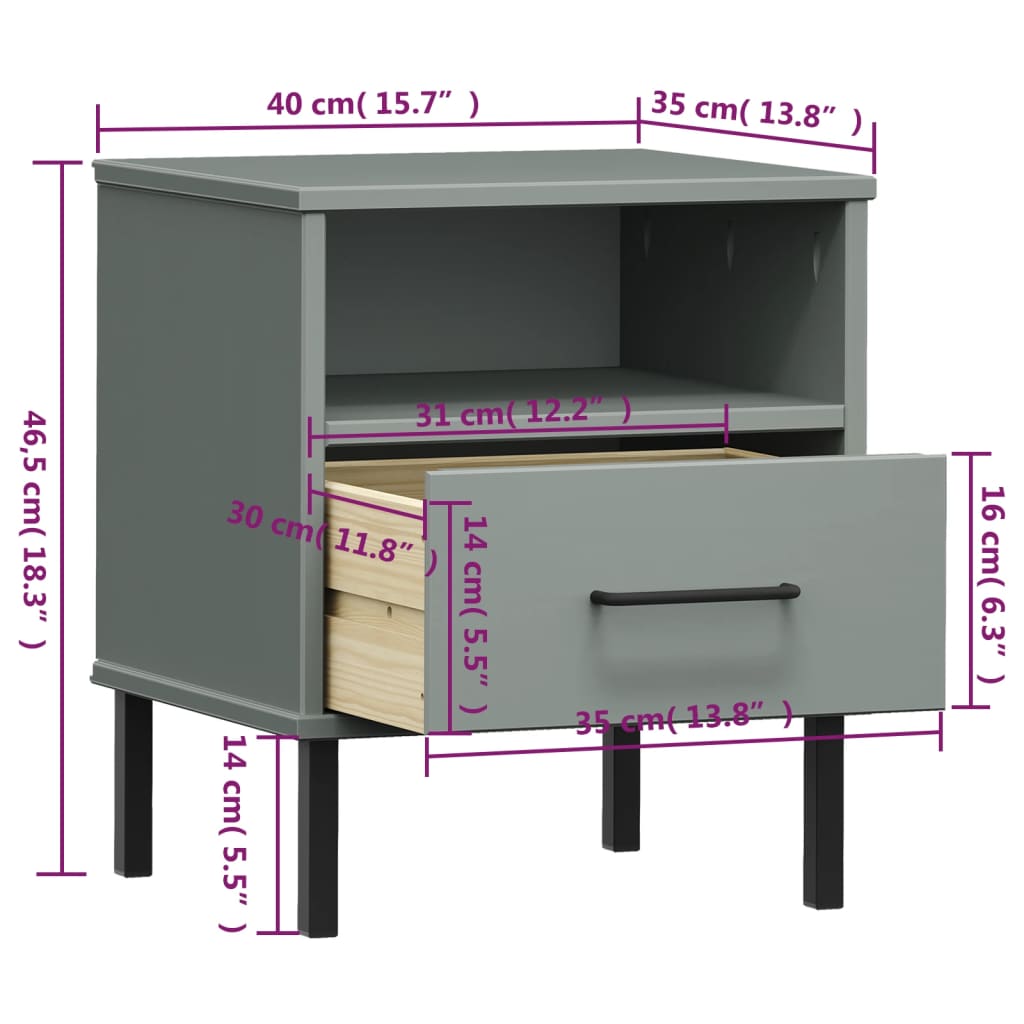 Grey Solid Wood Pine Bedside Cabinet with Metal Legs - OSLO