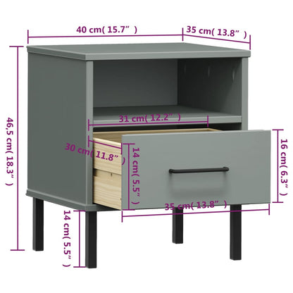 Grey Solid Wood Pine Bedside Cabinet with Metal Legs - OSLO