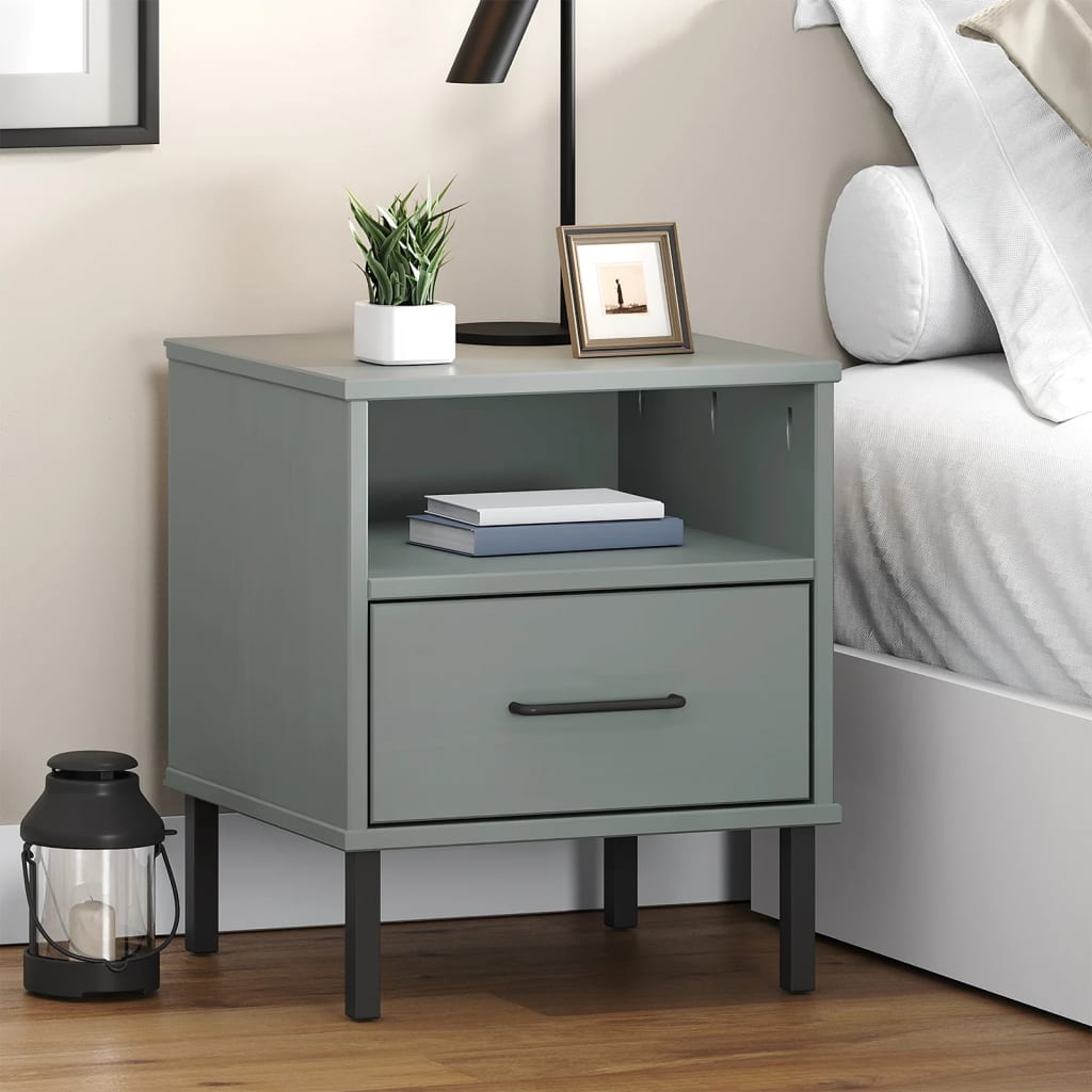 Grey Solid Wood Pine Bedside Cabinet with Metal Legs - OSLO