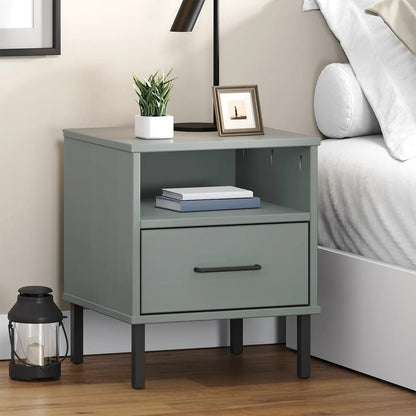 Grey Solid Wood Pine Bedside Cabinet with Metal Legs - OSLO