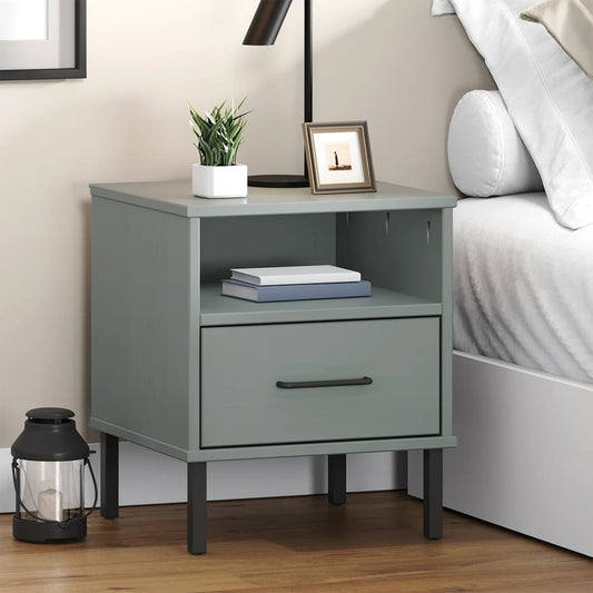 Grey Solid Wood Pine Bedside Cabinet with Metal Legs - OSLO