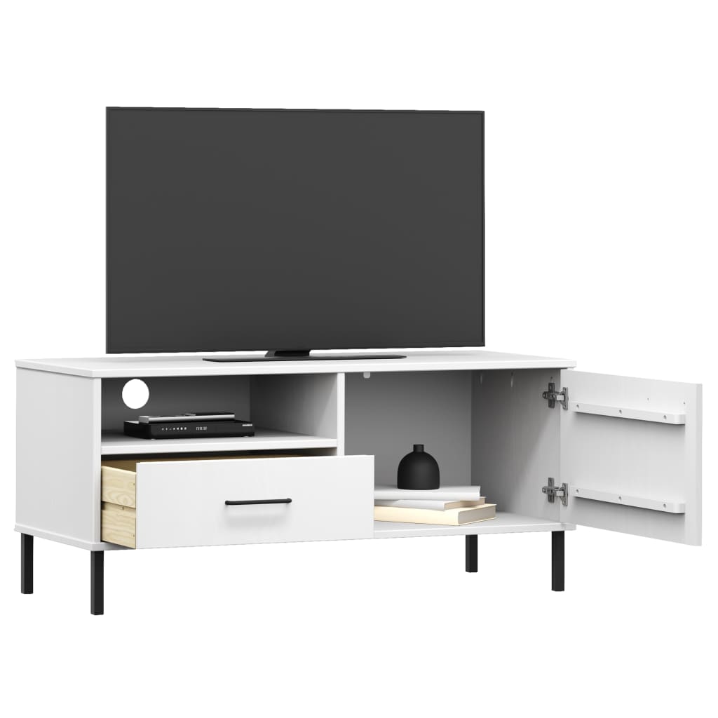 TV Cabinet with Metal Legs White Solid Wood Pine OSLO