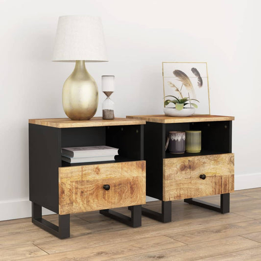Solid Mango & Engineered Wood Bedside Cabinets - Set of 2