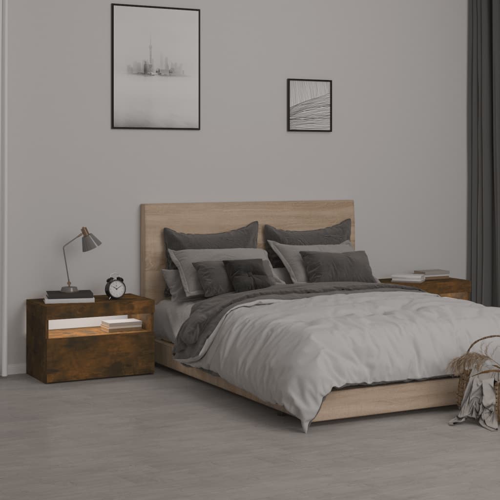 Smoked Oak Bedside Cabinets 2 pcs with LED Lights, 60x35x40 cm