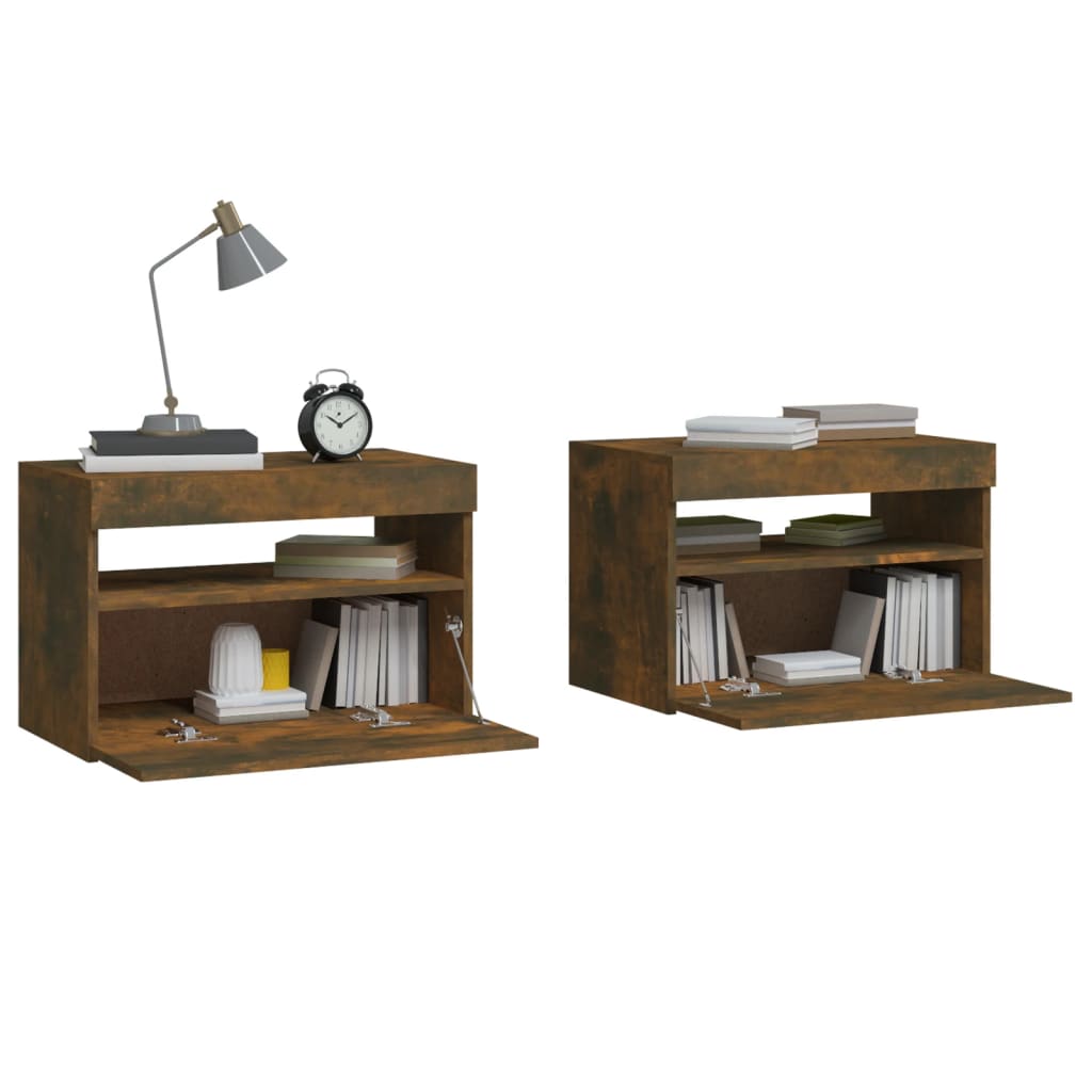 Smoked Oak Bedside Cabinets 2 pcs with LED Lights, 60x35x40 cm