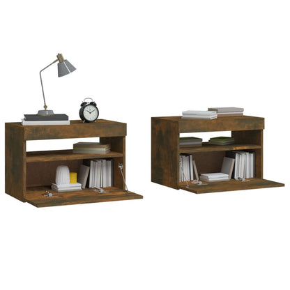 Smoked Oak Bedside Cabinets 2 pcs with LED Lights, 60x35x40 cm