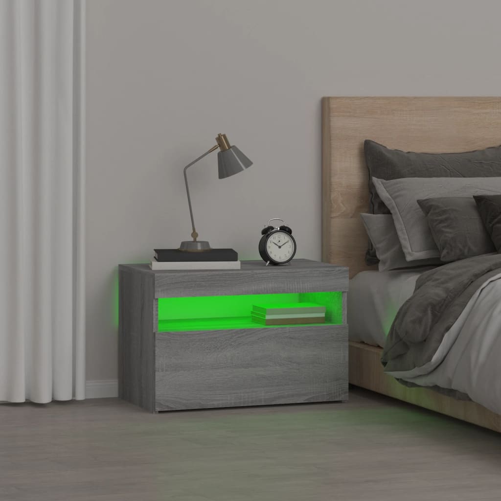 Grey Sonoma Bedside Cabinet with LED Lights - 60x35x40 cm