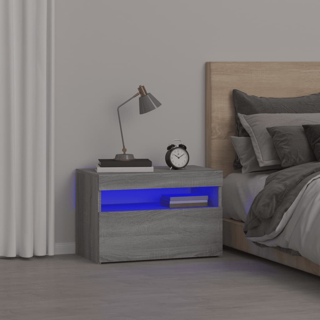 Grey Sonoma Bedside Cabinet with LED Lights - 60x35x40 cm