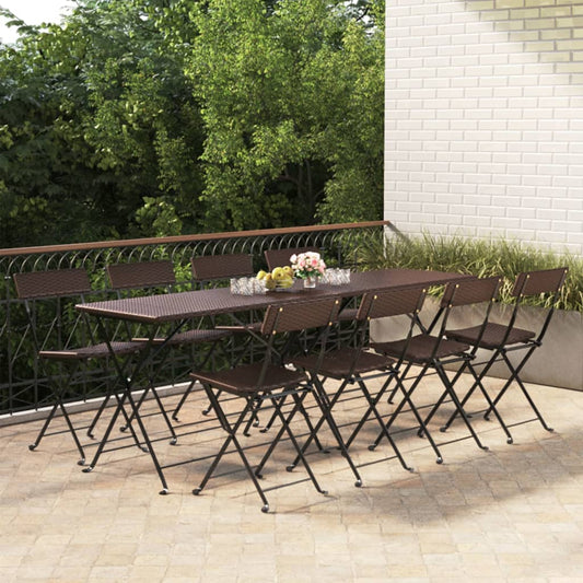 8-Piece Brown Poly Rattan & Steel Folding Bistro Chairs Set