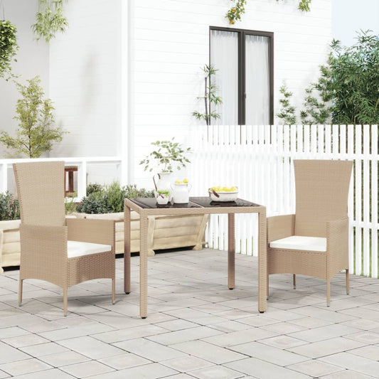 Garden Table with Glass Top Beige Poly Rattan&Tempered Glass