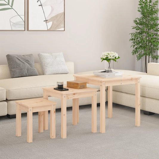 3-Piece Solid Pine Wood Nesting Tables Set - Natural Finish