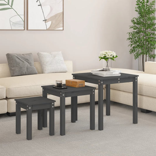 3-Piece Grey Pine Wood Nesting Tables Set